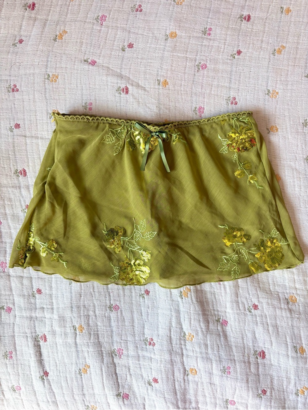 Olive Green Floral Embroidered Sequin Women's Shorts / Mini Skirt